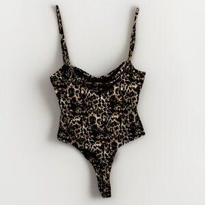 SALTY Womens Square Neck‎ Animal Leopard Print High Leg Bodysuit Sz Large Y2K